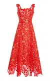 Oscar De La Renta Floral Guipure Midi Dress In Red