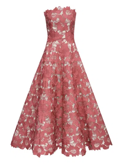 Oscar De La Renta Floral-guipure Strapless Dress In Pink