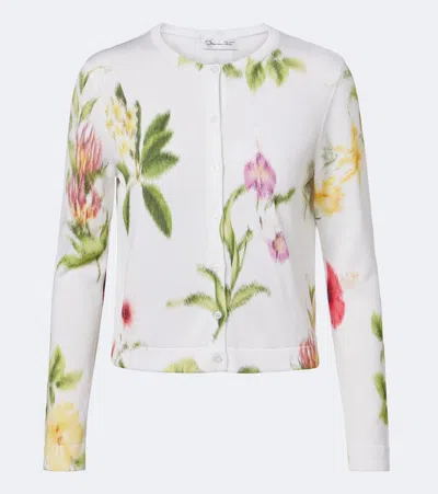 Oscar De La Renta Floral Jacquard Cotton-blend Cardigan In White