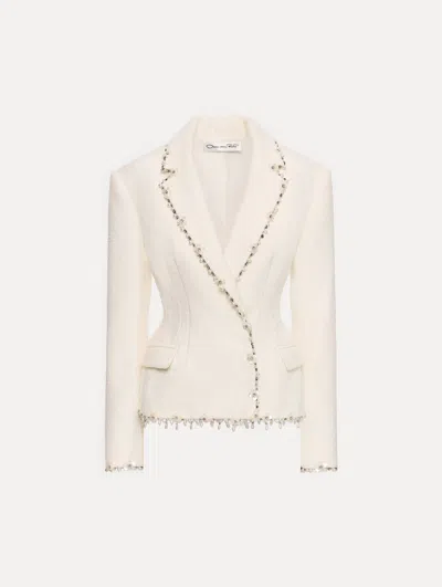 OSCAR DE LA RENTA FLORAL JEWELED FRINGE TWEED JACKET
