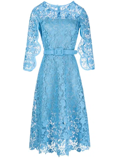 Oscar De La Renta Belted Lace Midi Dress In Blue