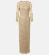 Oscar De La Renta Long Sleeve Foiled Rose Guipure Lace Gown In Gold