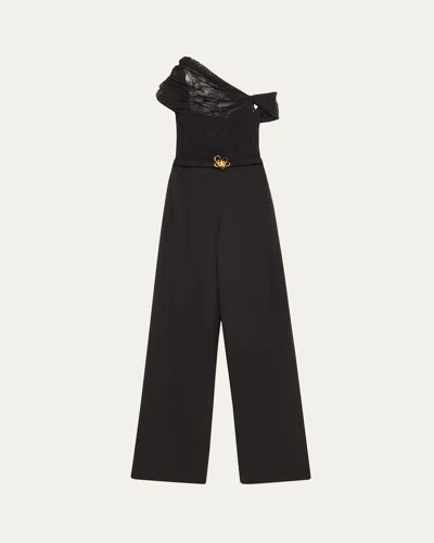 OSCAR DE LA RENTA FLORAL LACE GRAIN DE POUDRE WIDE LEG JUMPSUIT