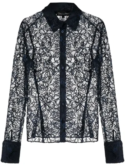 Oscar De La Renta Floral-lace Semi-sheer Shirt In Blue