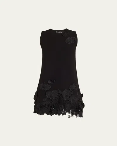 Oscar De La Renta Floral Lace Trapeze Knit Mini Dress In Black