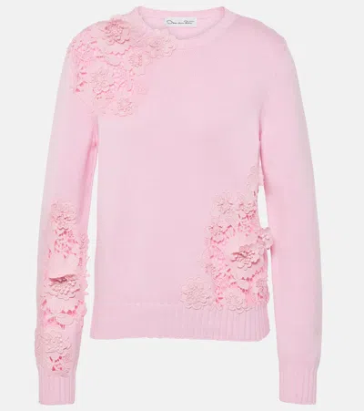 Oscar De La Renta Floral Lace-trimmed Cotton Sweater In Pink