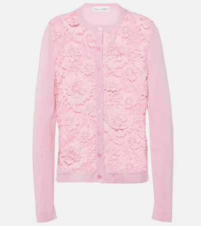 OSCAR DE LA RENTA FLORAL LACE-TRIMMED SILK-BLEND CARDIGAN