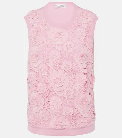 Oscar De La Renta Floral Lace-trimmed Silk-blend Top In Pink