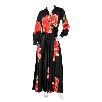 Pre-owned Oscar De La Renta Floral Print Belted Maxi Dress Circa 1970s In Black