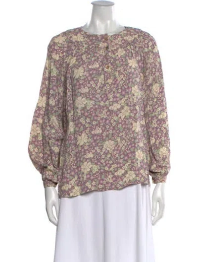 Pre-owned Oscar De La Renta Floral Print Crew Neck Blouse In Purple