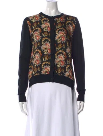 Pre-owned Oscar De La Renta Floral Print Crew Neck Button-up Top In Black