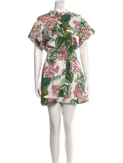 Pre-owned Oscar De La Renta Floral Print Crew Neck Romper In White