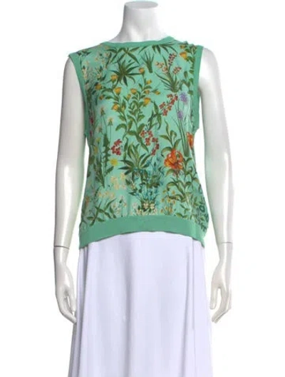 Pre-owned Oscar De La Renta Floral Print Crew Neck Top In Green