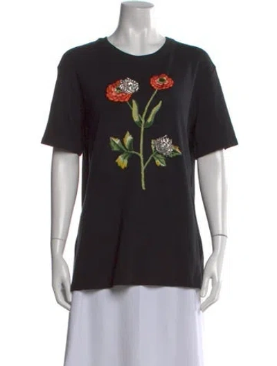 Pre-owned Oscar De La Renta Floral Print Crew Neck T-shirt In Black