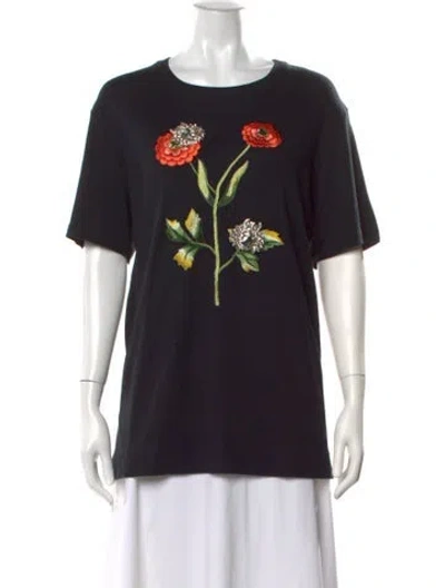 Pre-owned Oscar De La Renta Floral Print Crew Neck T-shirt In Black