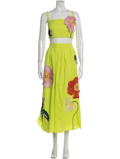 Pre-owned Oscar De La Renta Floral Print Embroidered Accent Skirt Set In Green
