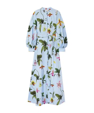 Oscar De La Renta Floral Print Extra-long Shirt Dress In Blue