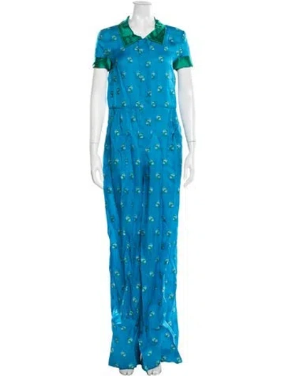 Pre-owned Oscar De La Renta Floral Print Jumpsuit In Blue