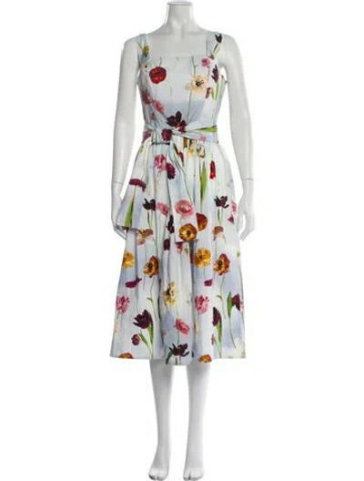 Pre-owned Oscar De La Renta Floral Print Knee-length Dress In Blue