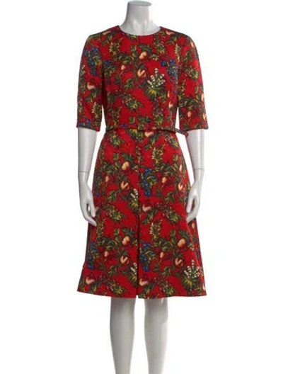 Pre-owned Oscar De La Renta Floral Print Knee-length Dress In Red