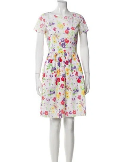 Pre-owned Oscar De La Renta Floral Print Knee-length Dress In White
