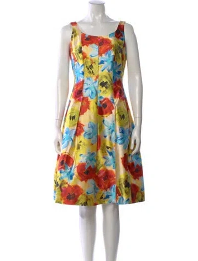 Pre-owned Oscar De La Renta Floral Print Knee-length Dress In Yellow
