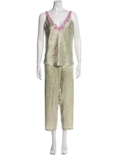 Pre-owned Oscar De La Renta Floral Print Lace Trim Embellishment Pajamas In Green