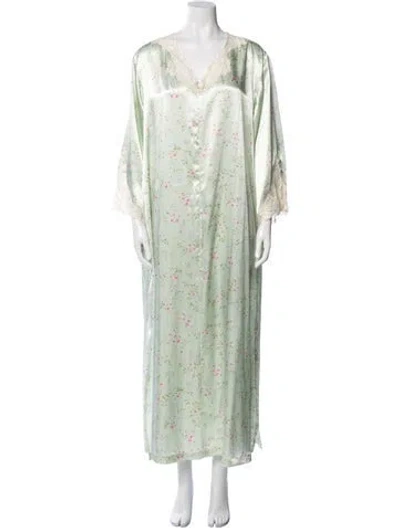 Pre-owned Oscar De La Renta Floral Print Lace Trim Embellishment Robe In Green