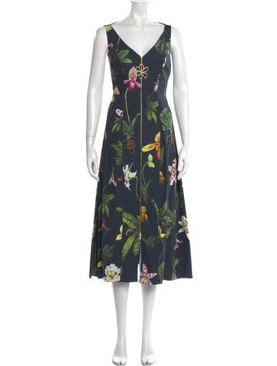Pre-owned Oscar De La Renta Floral Print Long Dress In Blue