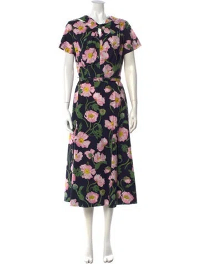 Pre-owned Oscar De La Renta Floral Print Long Dress In Blue