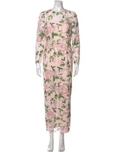 Pre-owned Oscar De La Renta Floral Print Long Dress In Pink