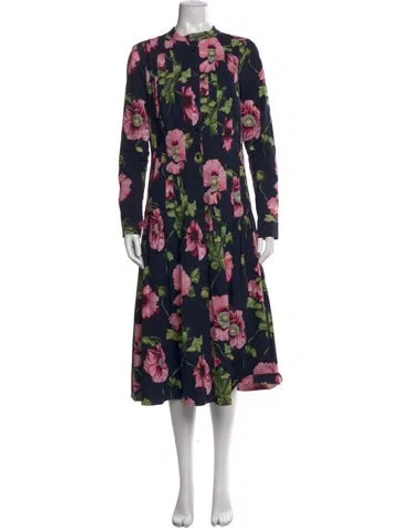 Pre-owned Oscar De La Renta Floral Print Midi Length Dress In Blue