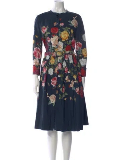 Pre-owned Oscar De La Renta Floral Print Midi Length Dress In Blue
