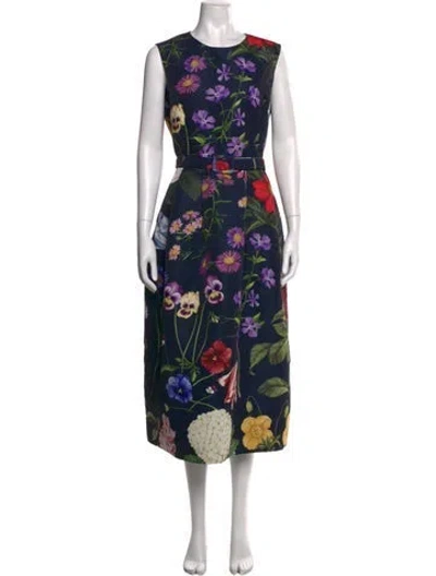 Pre-owned Oscar De La Renta Floral Print Midi Length Dress In Blue