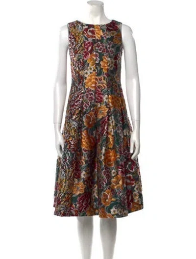 Pre-owned Oscar De La Renta Floral Print Midi Length Dress In Green