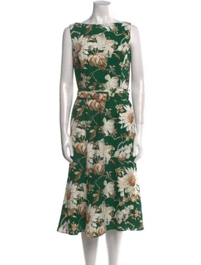 Pre-owned Oscar De La Renta Floral Print Midi Length Dress In Green