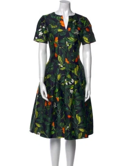 Pre-owned Oscar De La Renta Floral Print Midi Length Dress In Green