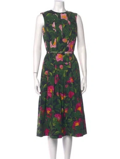 Pre-owned Oscar De La Renta Floral Print Midi Length Dress In Green