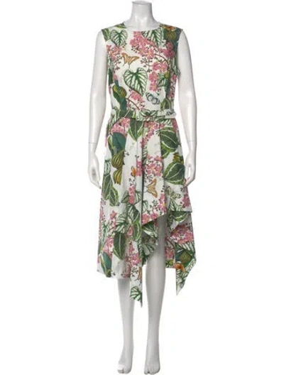 Pre-owned Oscar De La Renta Floral Print Midi Length Dress W/ Tags In White