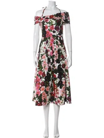 Pre-owned Oscar De La Renta Floral Print Midi Length Dress In White