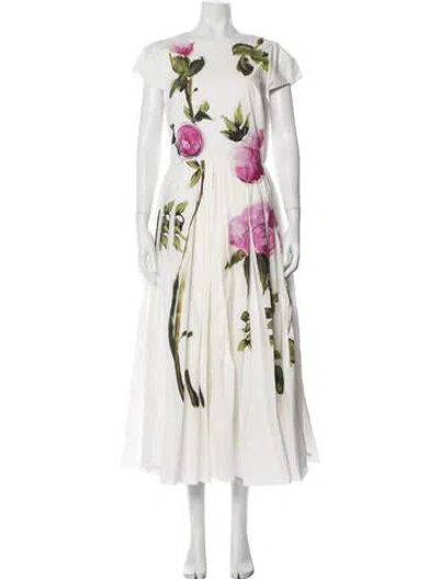 Pre-owned Oscar De La Renta Floral Print Midi Length Dress In White