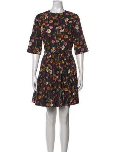 Pre-owned Oscar De La Renta Floral Print Mini Dress In Black