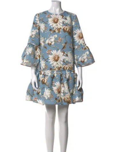 Pre-owned Oscar De La Renta Floral Print Mini Dress In Blue