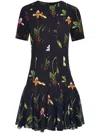 Oscar De La Renta Short Sleeve Cady Chiffon Inset Dress In Navy Multi In Blue