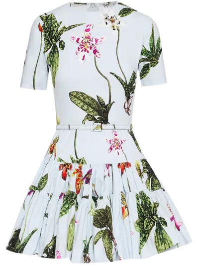 Oscar De La Renta Orchid Poplin Short-sleeve Tiered Mini Dress With Belt In Light Blue Multi