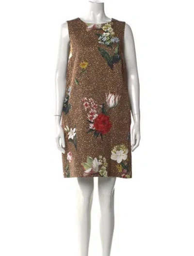 Pre-owned Oscar De La Renta Floral Print Mini Dress In Brown