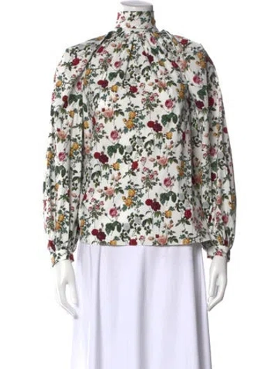 Pre-owned Oscar De La Renta Floral Print Mock Neck Blouse In Green