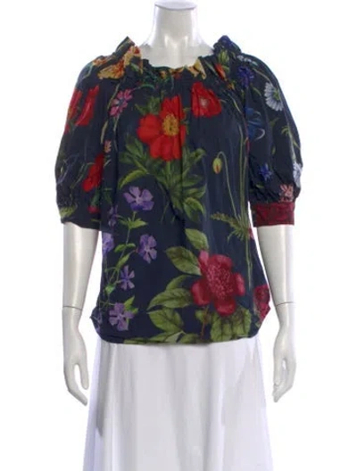 Pre-owned Oscar De La Renta Floral Print Off-the-shoulder Blouse In Blue