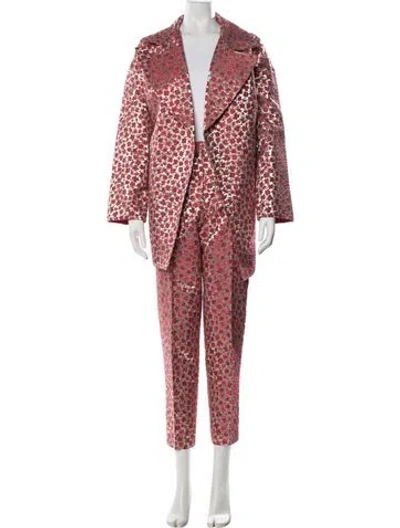 Pre-owned Oscar De La Renta Floral Print Pant Set In Metallic/red