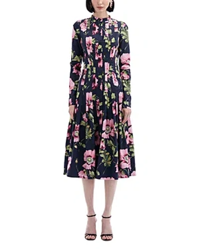 Oscar De La Renta Poppies-print Long-sleeve Pleated Poplin Midi Shirtdress In Navy Pink